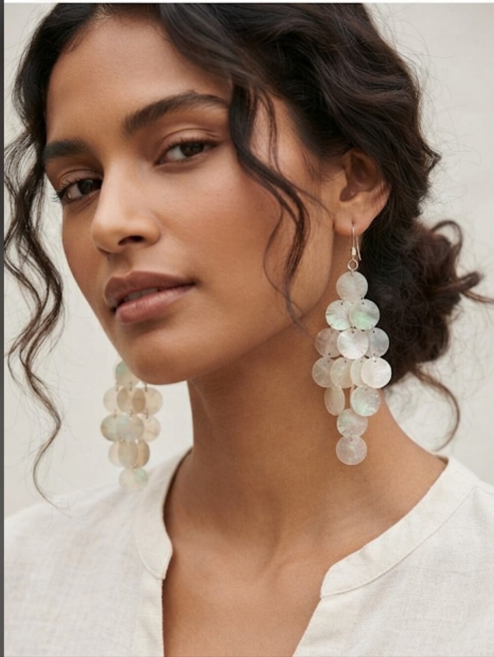 Chandelier Capiz Shell Cascading Iridescent Earrings Pale Silvery Mint Green